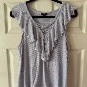 Express Women's Ruffle Striped Blouse - Light Gray